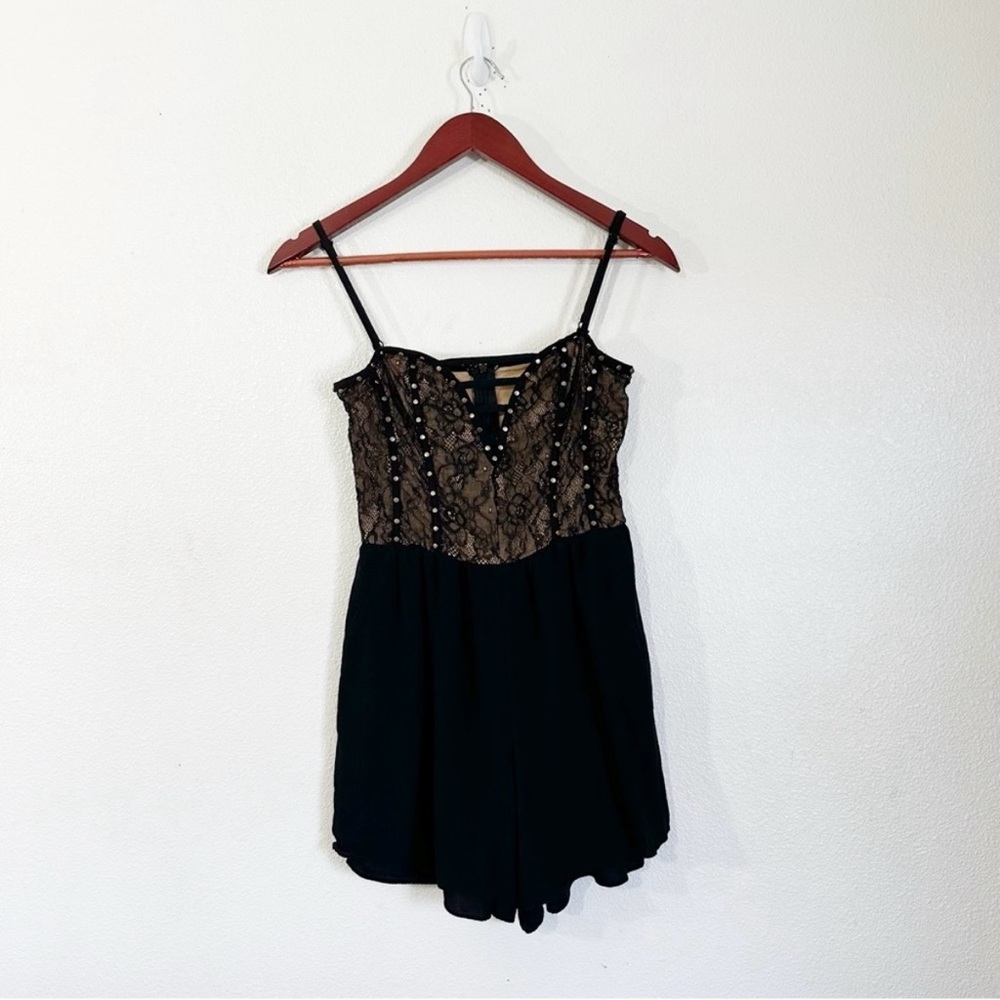 Ark & Co Black Beige Lace Studded Romper Jumpsuit